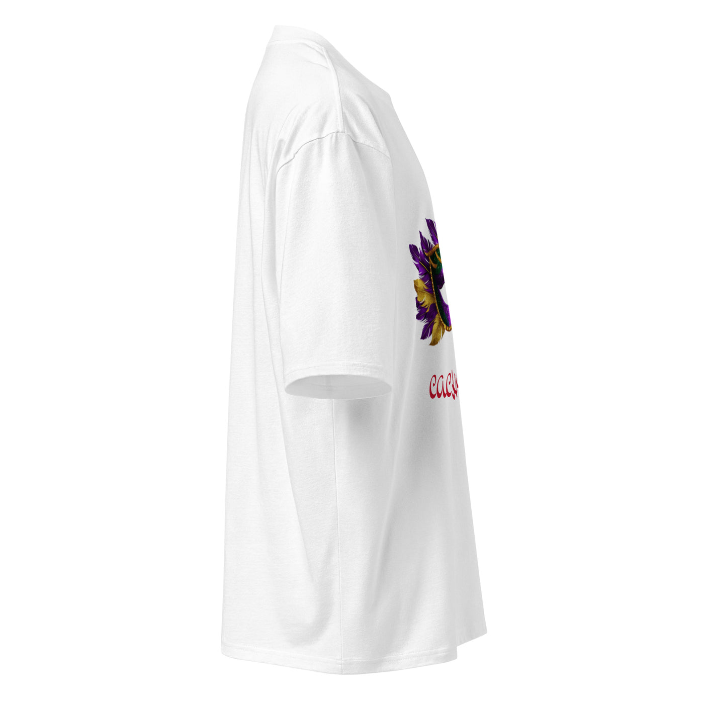 Cachy’s Urban white t-shirt with colourful carnival mask graphic and red logo text