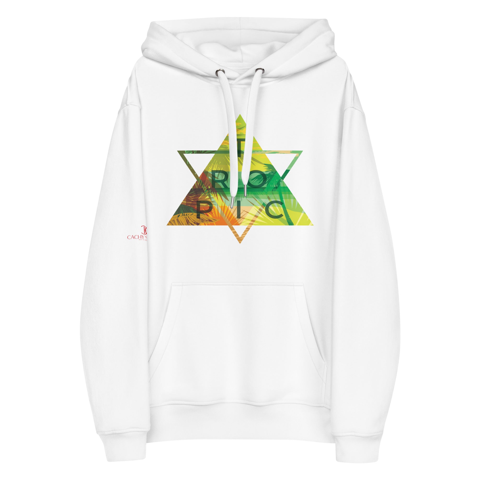 White hoodie with colorful tropical double triangle graphic and "TROPIC" text on the front