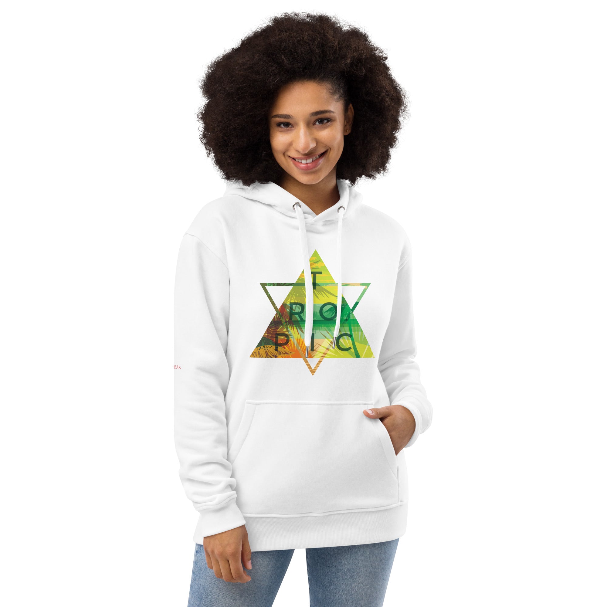 White hoodie with colorful tropical double triangle graphic and "TROPIC" text on the front