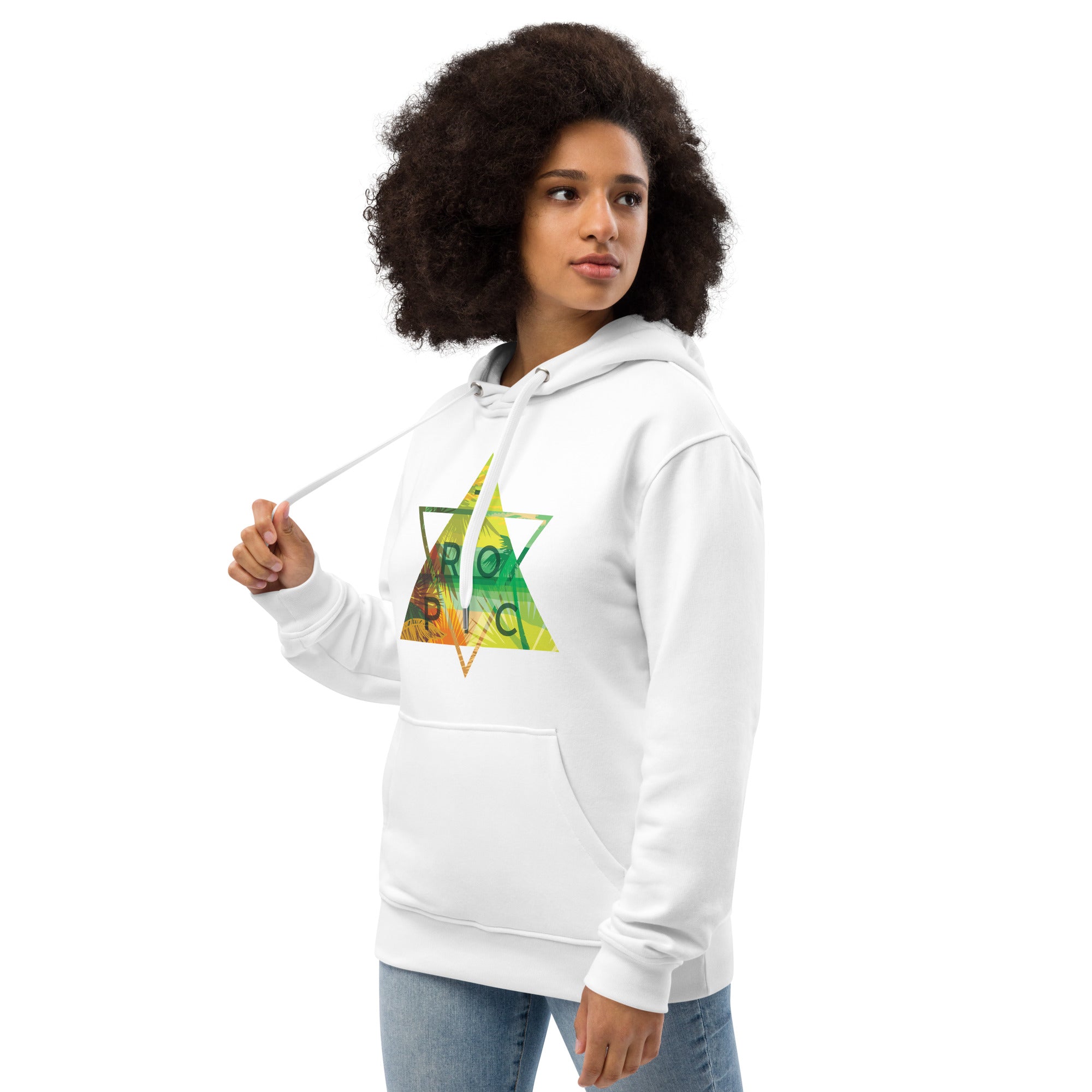 White hoodie with colorful tropical double triangle graphic and "TROPIC" text on the front