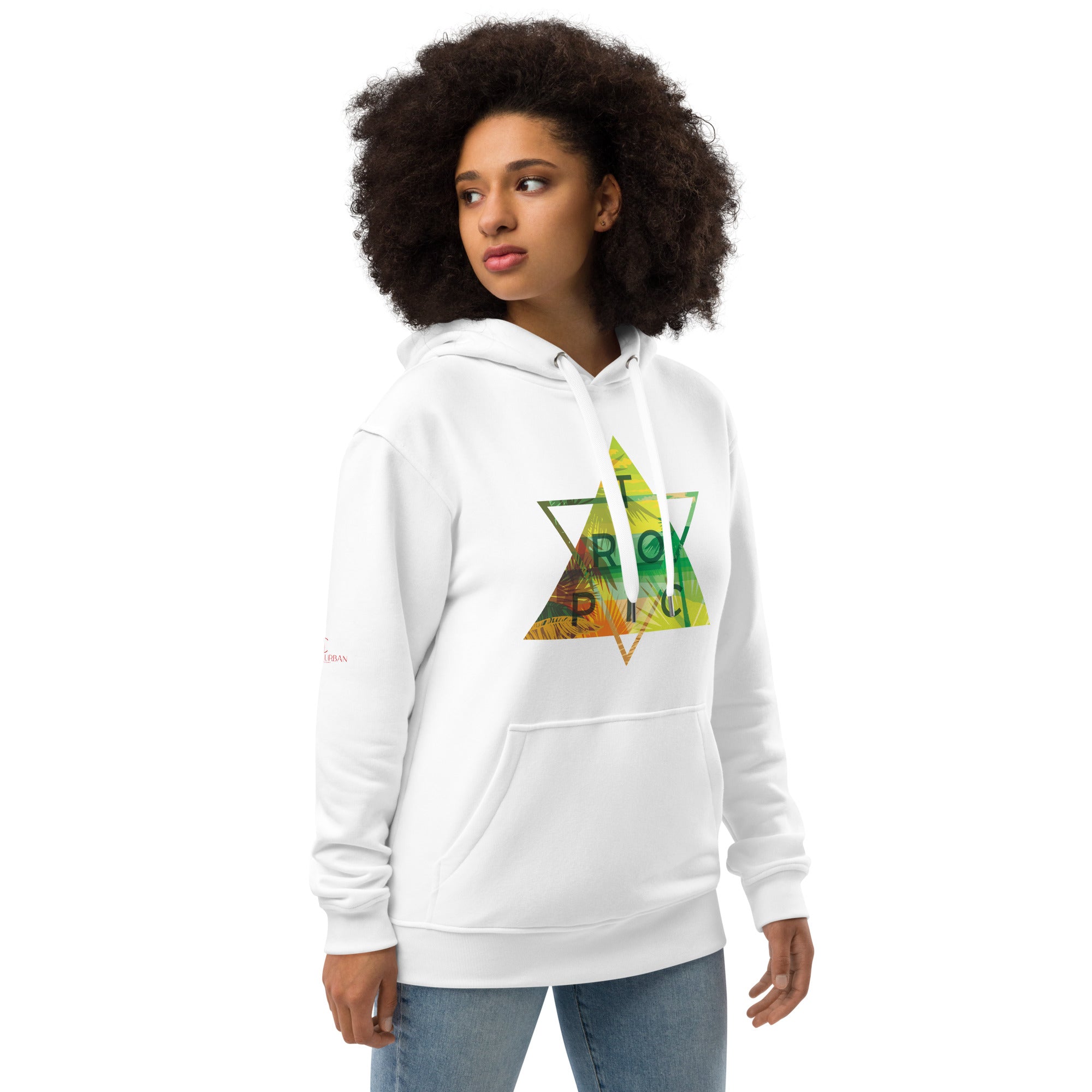 White hoodie with colorful tropical double triangle graphic and "TROPIC" text on the front