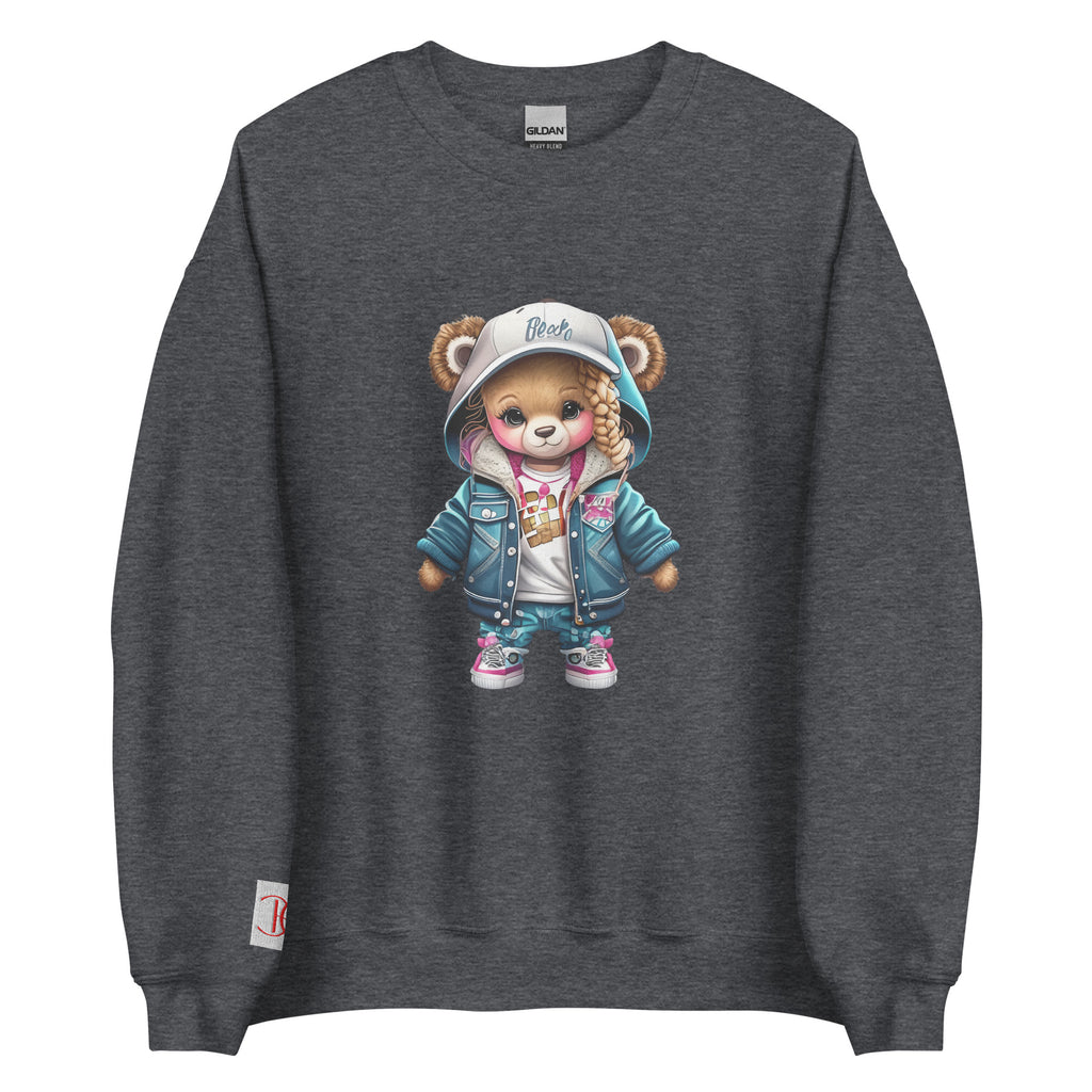 Cachy’s Urban sweatshirt with streetwear teddy bear graphic in denim jacket, hoodie and cap design