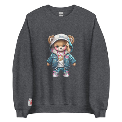 Cachy’s Urban sweatshirt with streetwear teddy bear graphic in denim jacket, hoodie and cap design