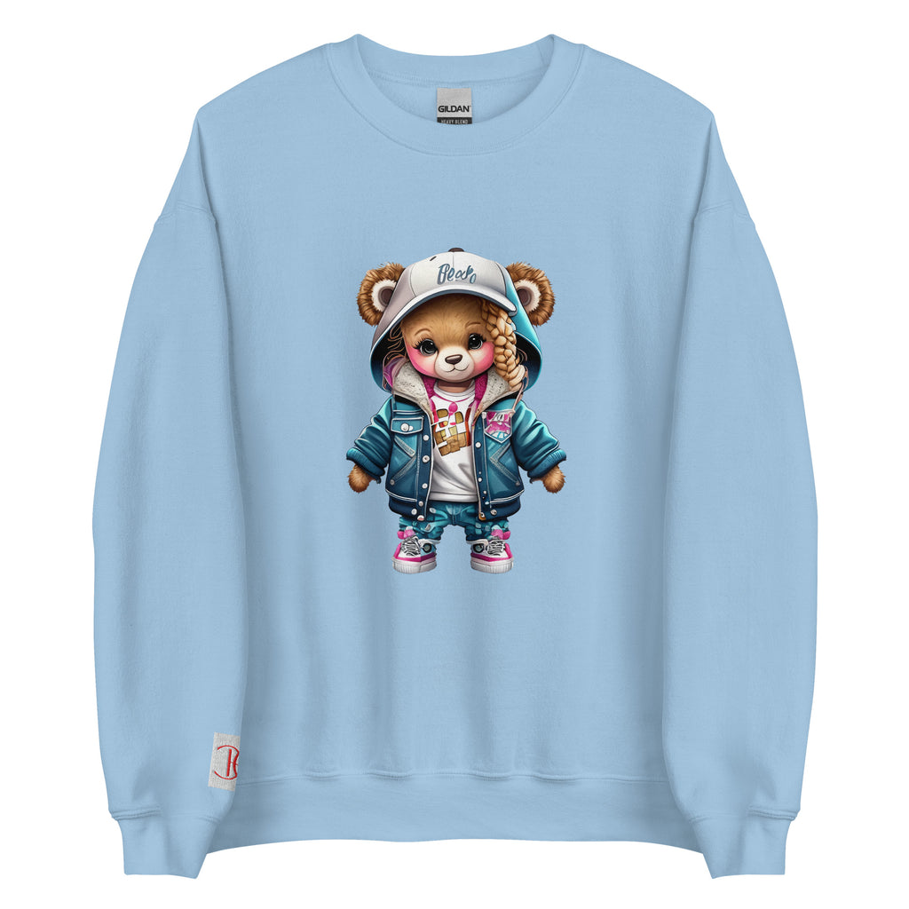 Cachy’s Urban sweatshirt with streetwear teddy bear graphic in denim jacket, hoodie and cap design