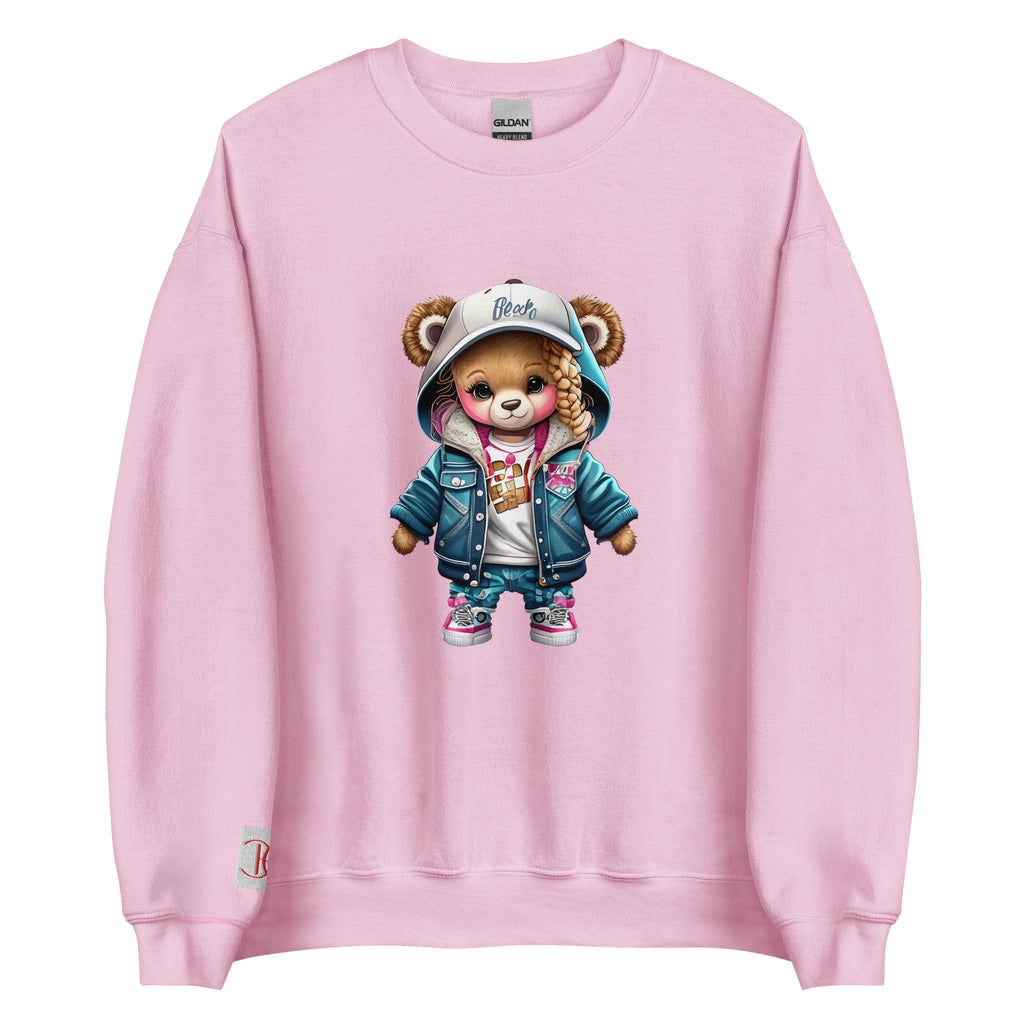 Cachy’s Urban sweatshirt with streetwear teddy bear graphic in denim jacket, hoodie and cap design