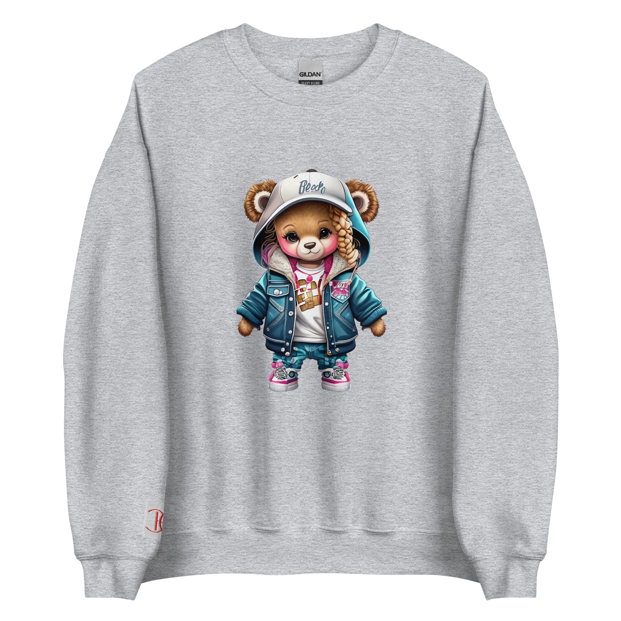 Cachy’s Urban sweatshirt with streetwear teddy bear graphic in denim jacket, hoodie and cap design