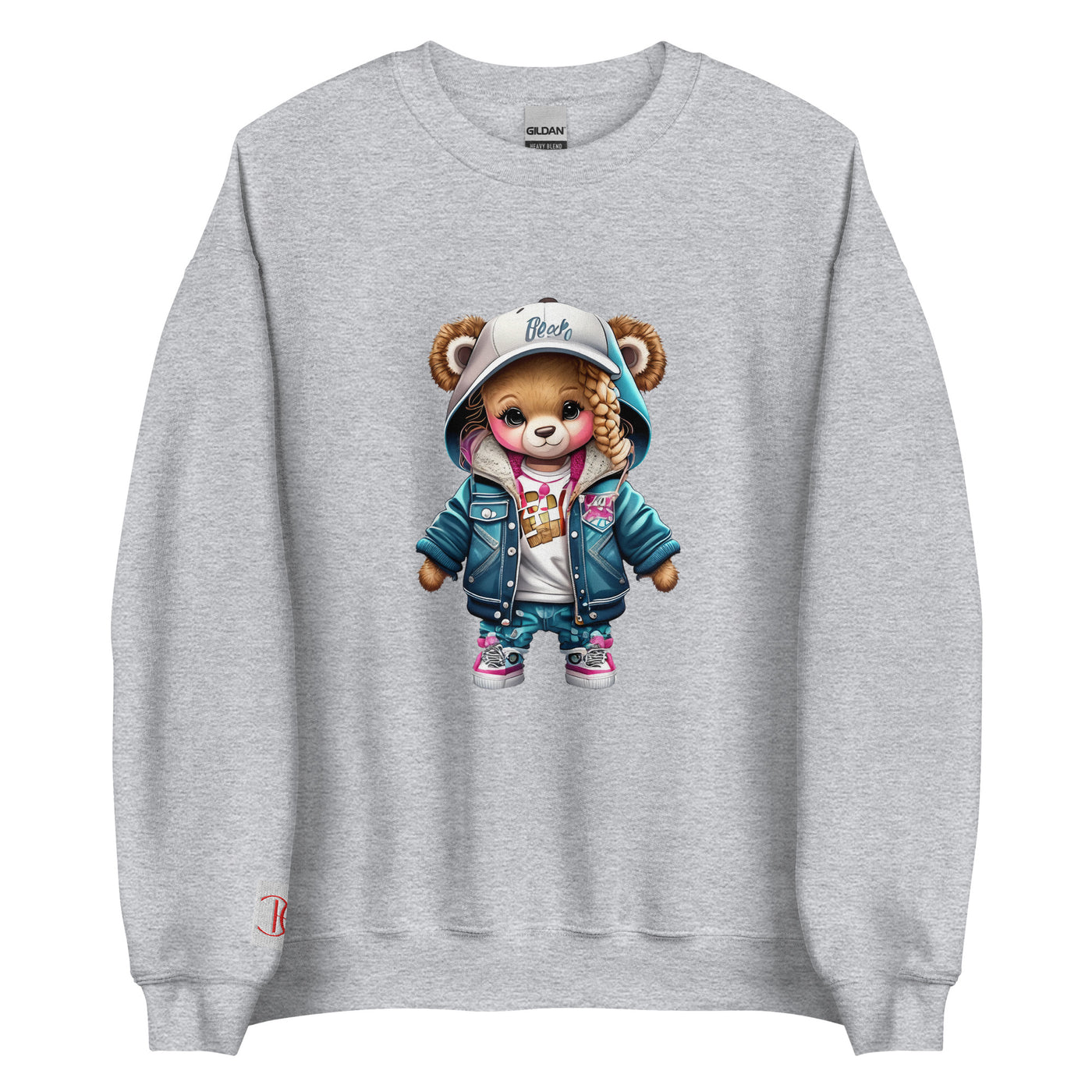 Cachy’s Urban sweatshirt with streetwear teddy bear graphic in denim jacket, hoodie and cap design