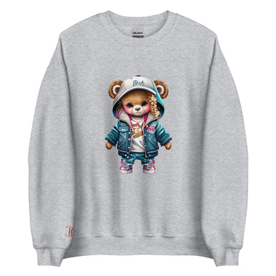 Cachy’s Urban sweatshirt with streetwear teddy bear graphic in denim jacket, hoodie and cap design