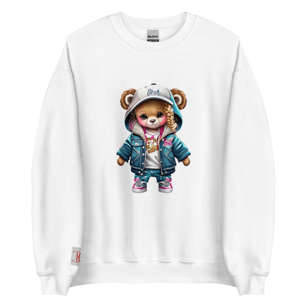Cachy’s Urban white sweatshirt with streetwear teddy bear graphic in denim jacket, hoodie and cap design
