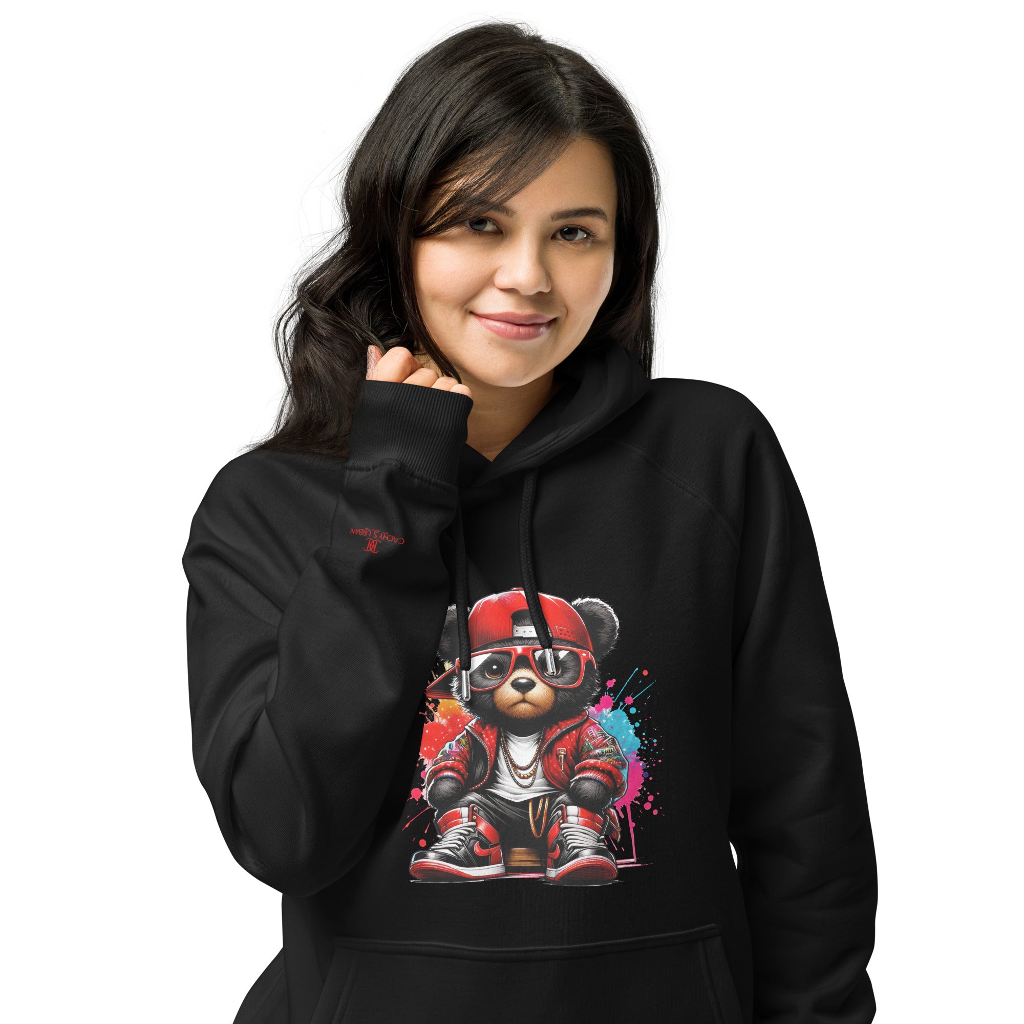 unisex eco raglan hoodie in black with colorful teddy bear print