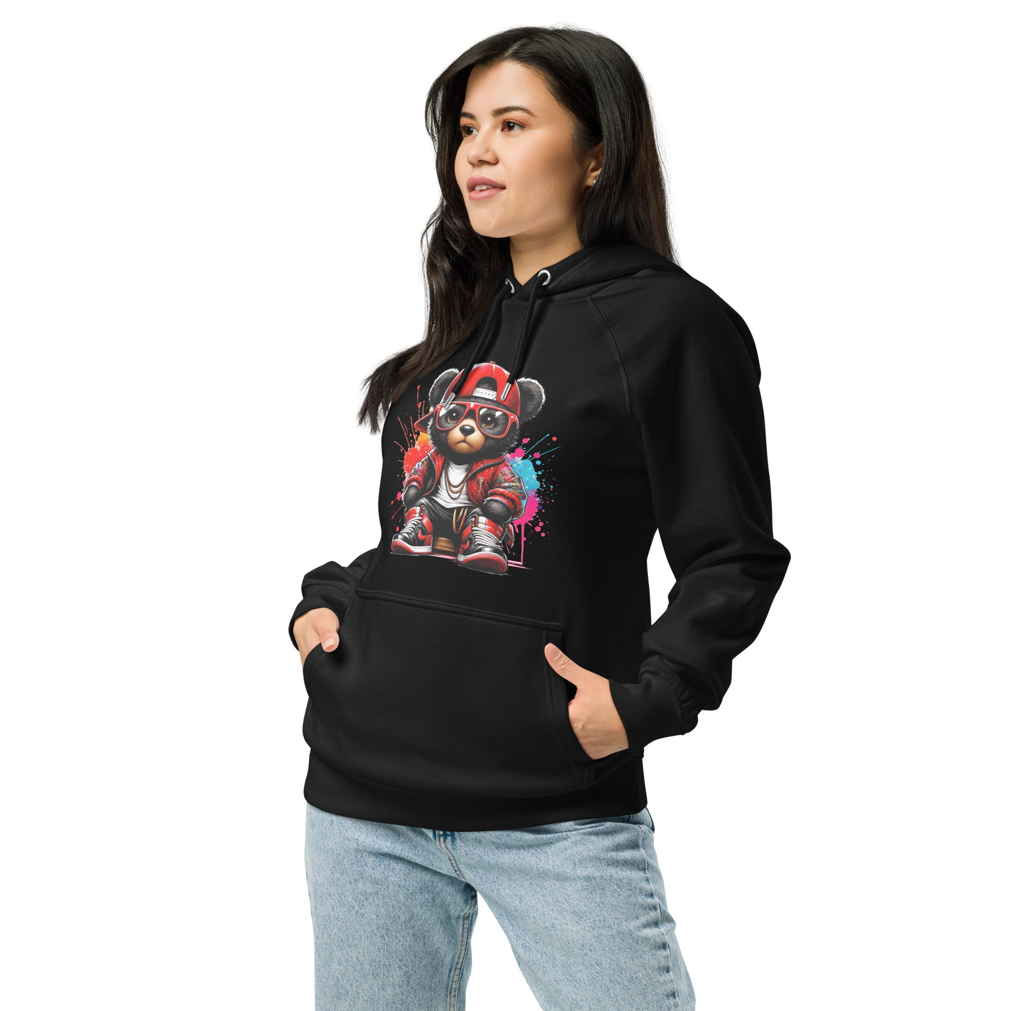 unisex eco raglan hoodie in black with colorful teddy bear print