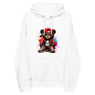unisex eco raglan hoodie in white with colorful teddy bear print