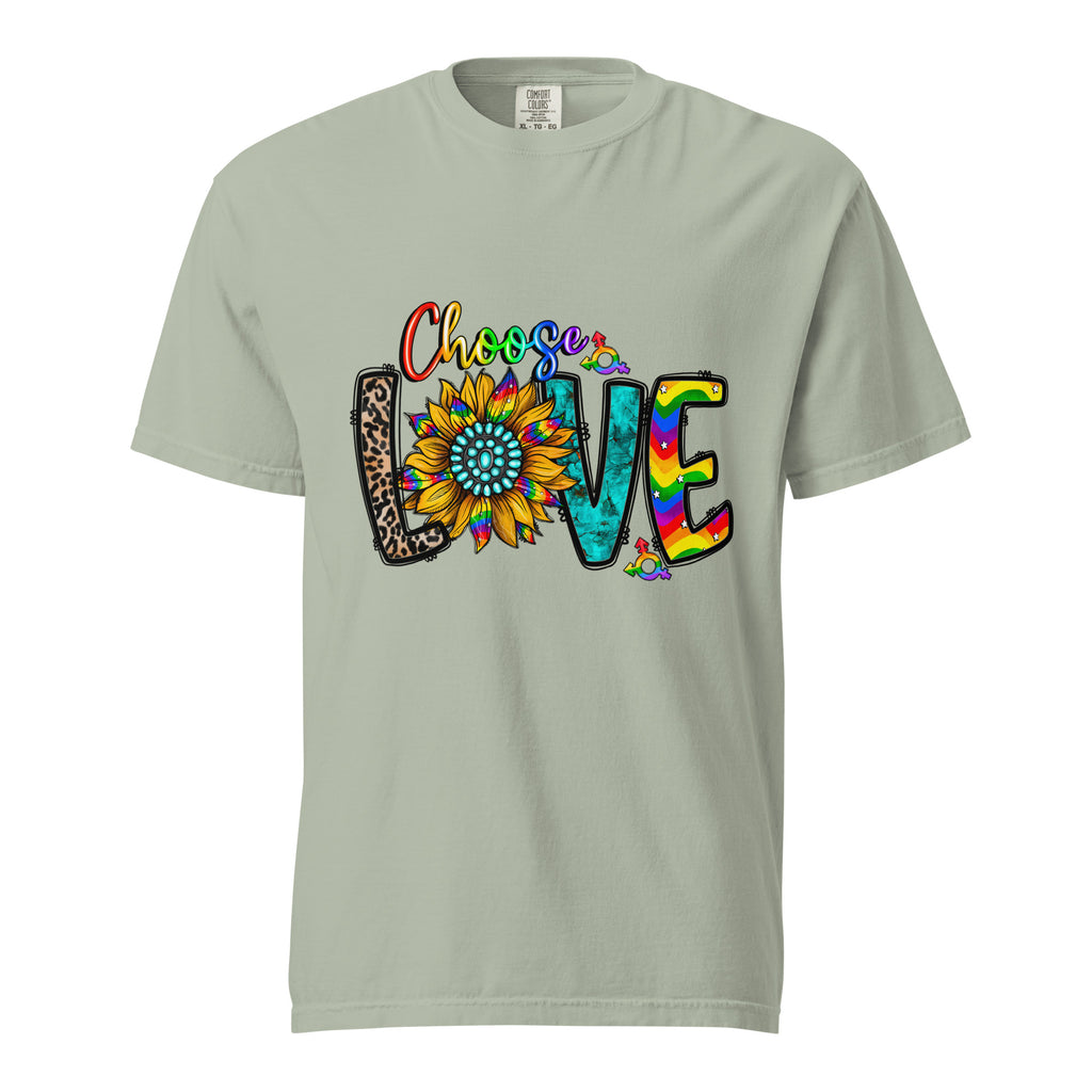 Cachy’s Urban t-shirt with colourful “Choose Love” graphic featuring sunflower and rainbow design