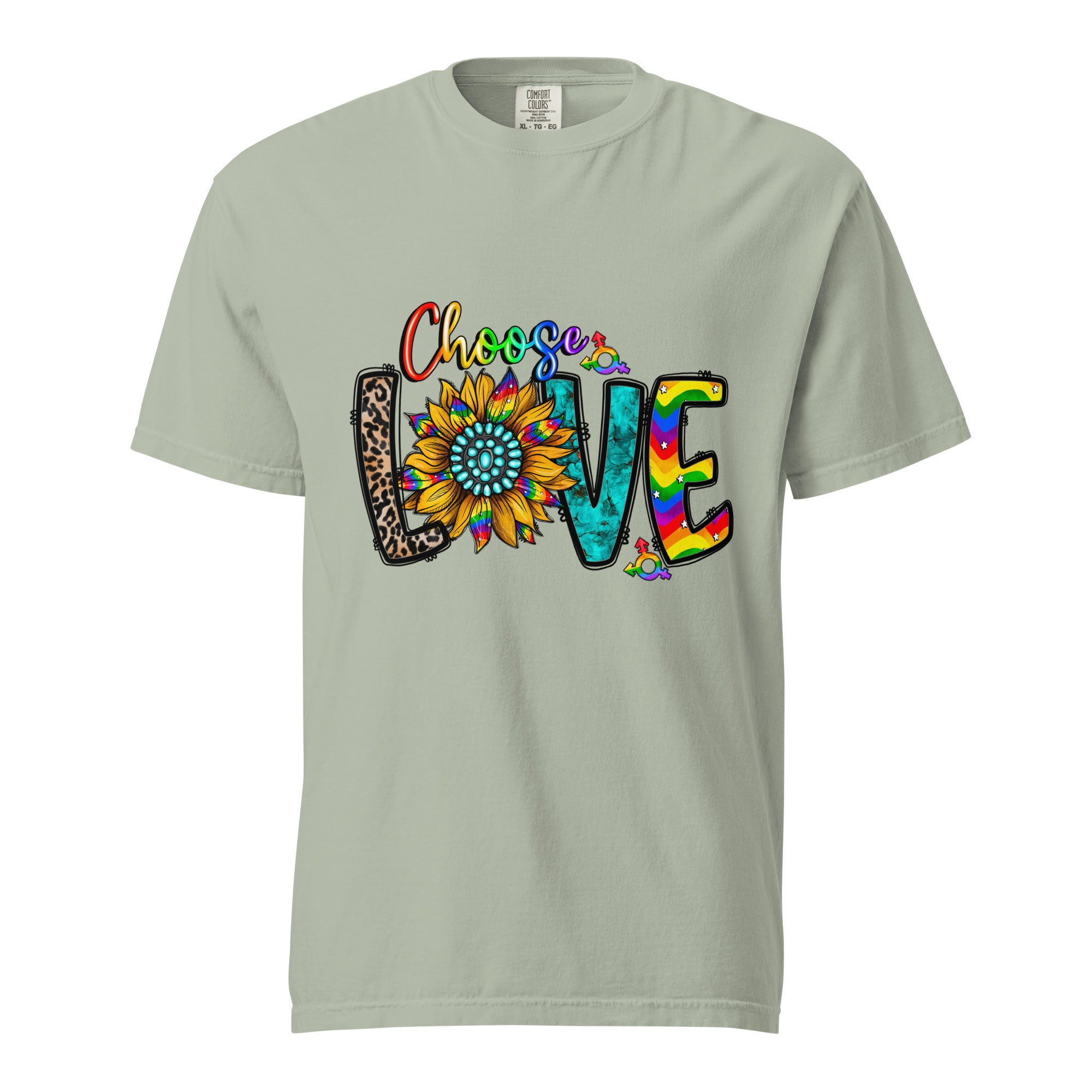 Cachy’s Urban t-shirt with colourful “Choose Love” graphic featuring sunflower and rainbow design
