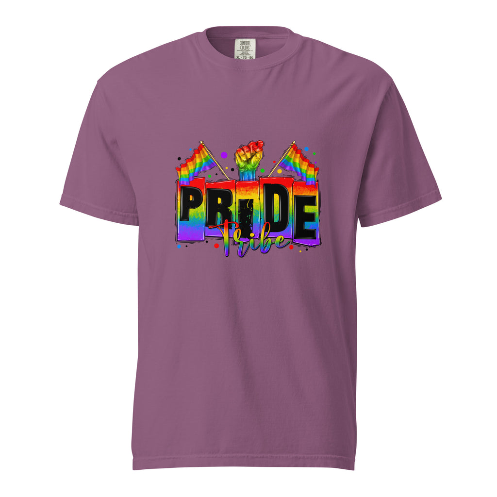 Cachy’s Urban white t-shirt with rainbow “Pride Tribe” graphic featuring flags and raised fist, available in multiple colours