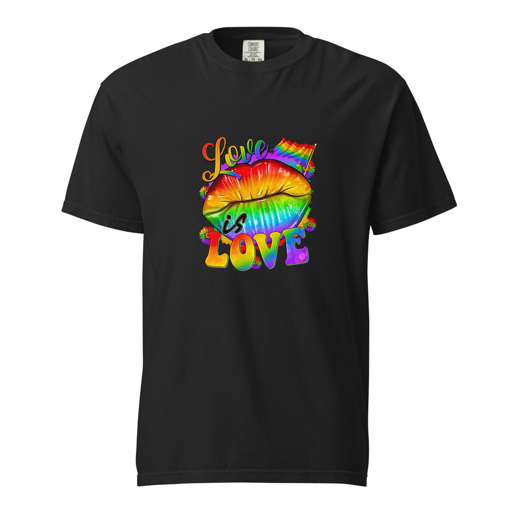 Cachy’s Urban t-shirt with rainbow “Love is Love” lips graphic design, available in multiple colours
