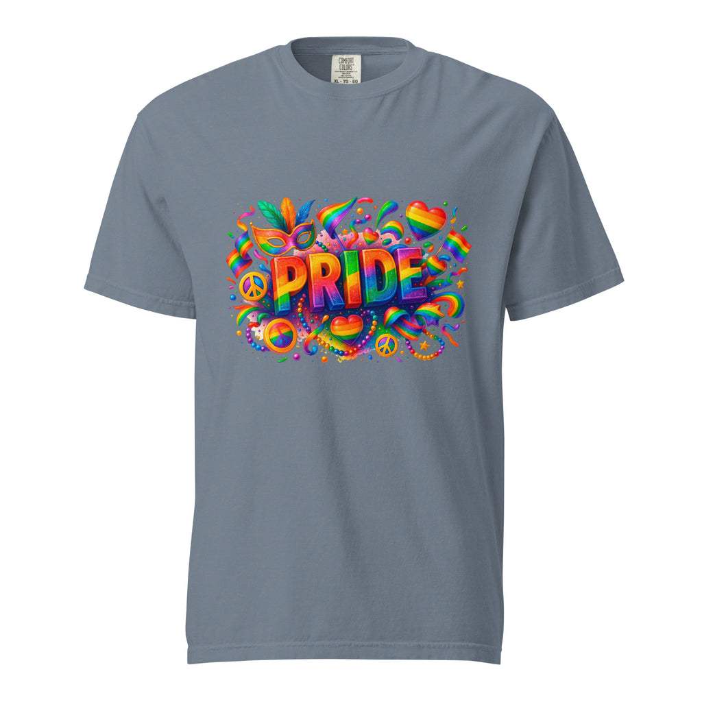 Cachy’s Urban grey t-shirt with colourful rainbow “Pride” graphic design, available in multiple colours