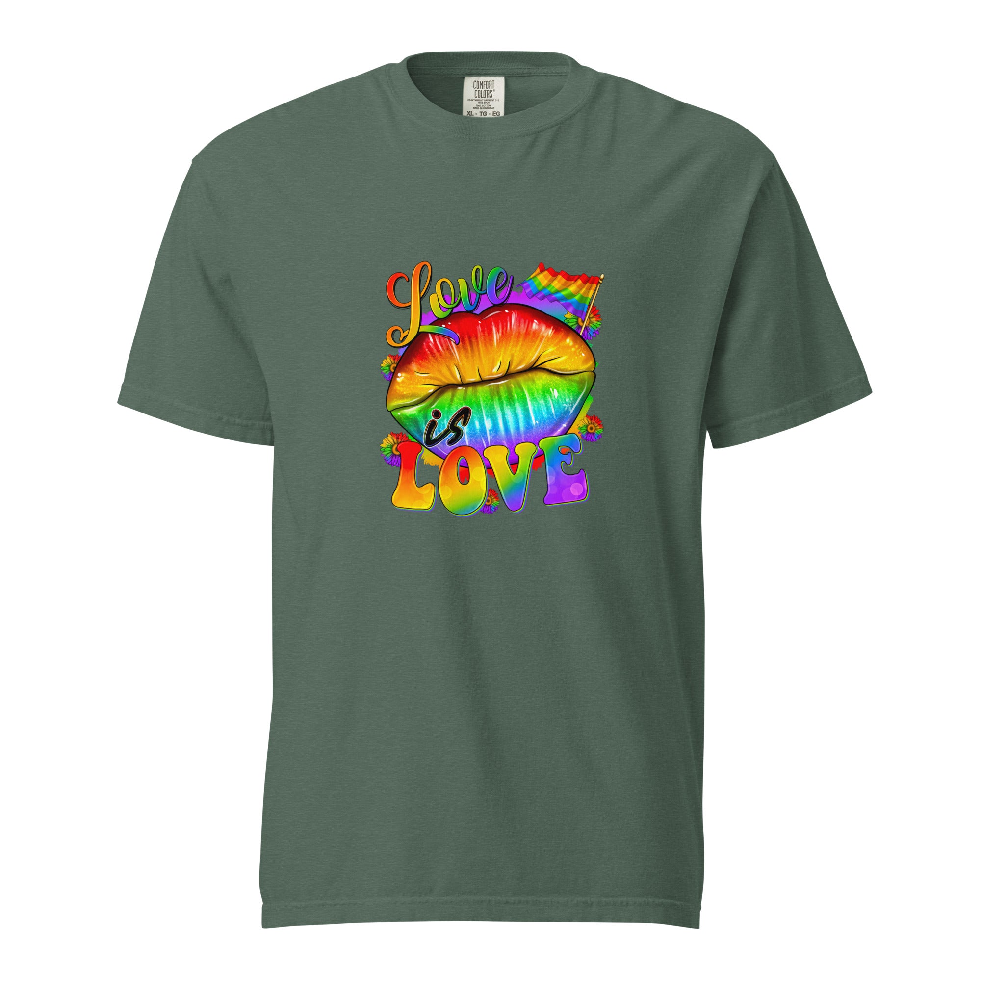 Cachy’s Urban white t-shirt with rainbow “Love” graphic featuring flags and raised fist, available in multiple colours
