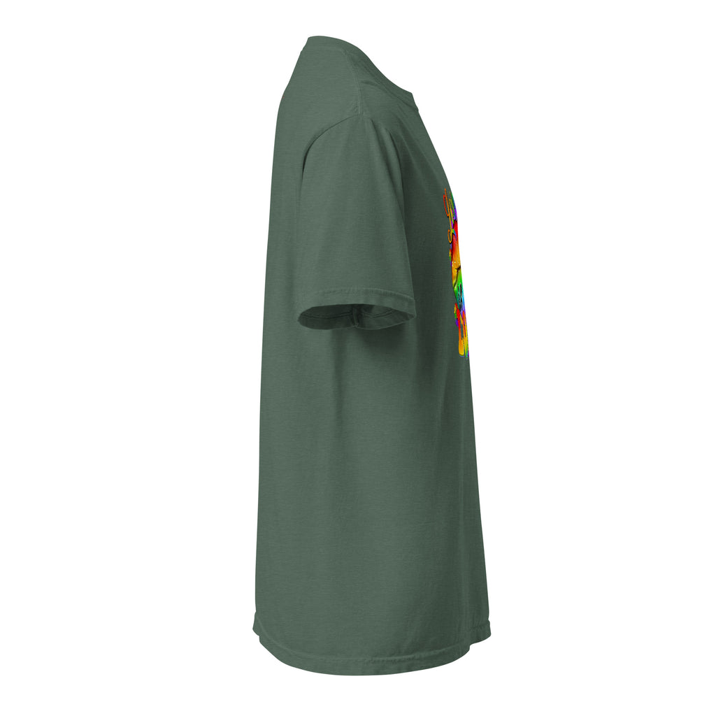 Cachy’s Urban white t-shirt with rainbow “Love” graphic featuring flags and raised fist, available in multiple colours