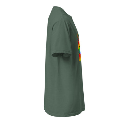 Cachy’s Urban white t-shirt with rainbow “Love” graphic featuring flags and raised fist, available in multiple colours