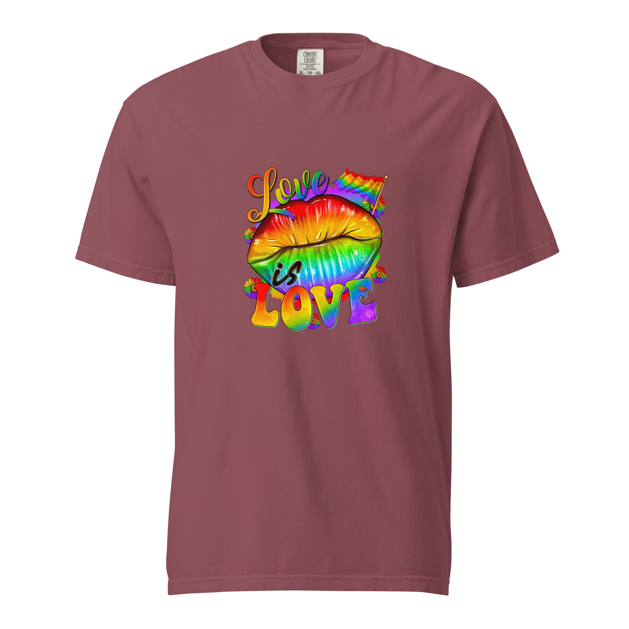 Cachy’s Urban white t-shirt with rainbow “Love” graphic featuring flags and raised fist, available in multiple colours