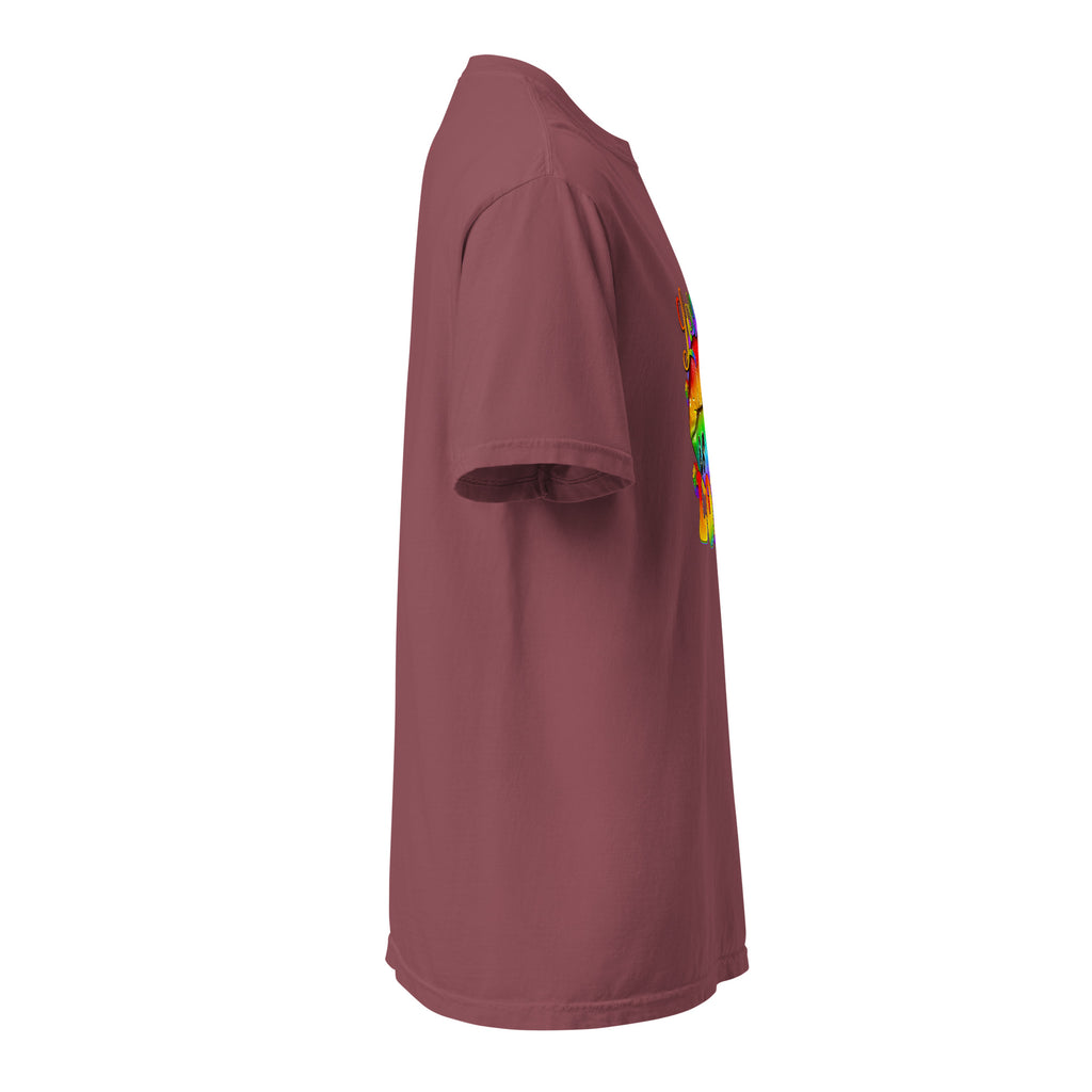 Cachy’s Urban white t-shirt with rainbow “Love” graphic featuring flags and raised fist, available in multiple colours