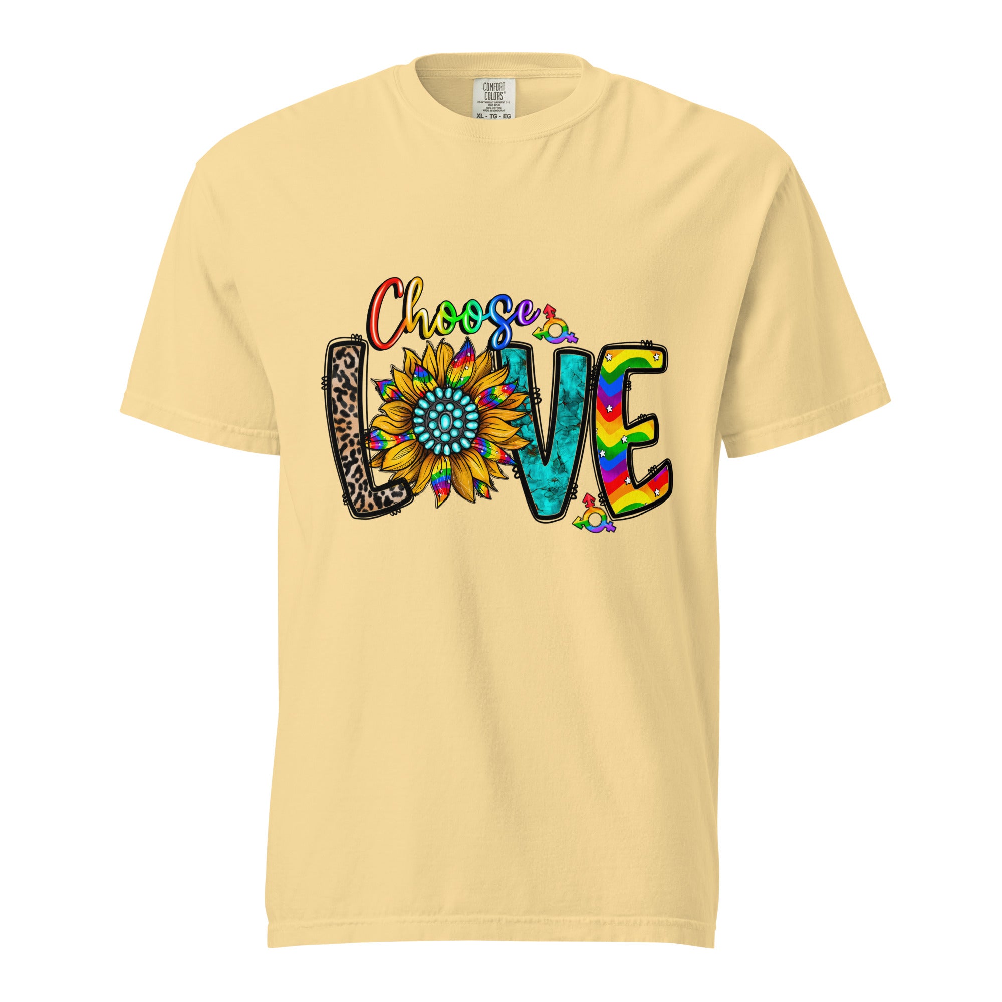 Cachy’s Urban t-shirt with colourful “Choose Love” graphic featuring sunflower and rainbow design