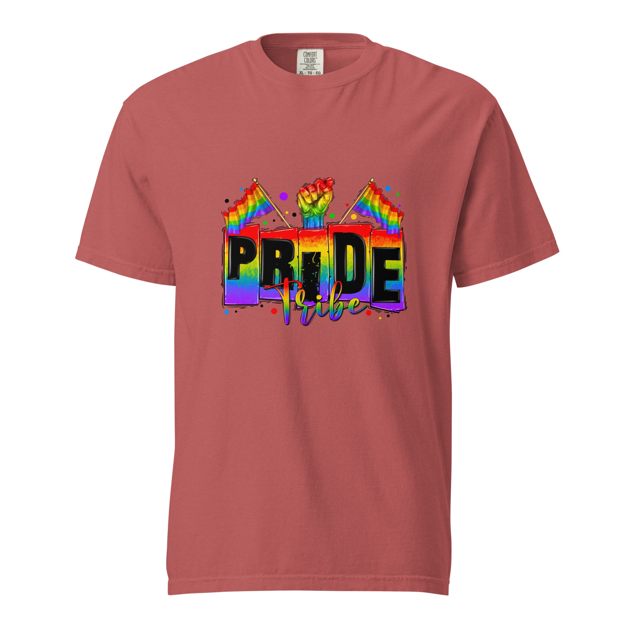 Cachy’s Urban white t-shirt with rainbow “Pride Tribe” graphic featuring flags and raised fist, available in multiple colours