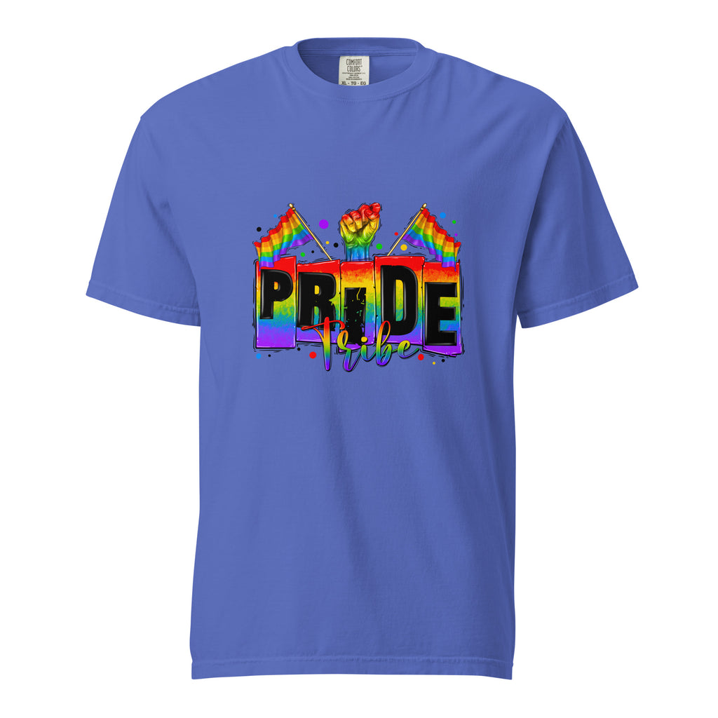 Cachy’s Urban white t-shirt with rainbow “Pride Tribe” graphic featuring flags and raised fist, available in multiple colours