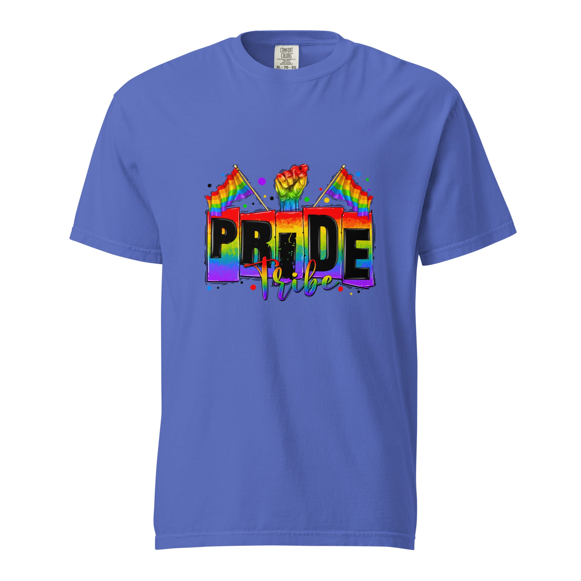 Cachy’s Urban white t-shirt with rainbow “Pride Tribe” graphic featuring flags and raised fist, available in multiple colours