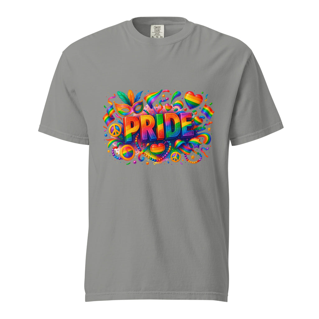 Cachy’s Urban grey t-shirt with colourful rainbow “Pride” graphic design, available in multiple colours