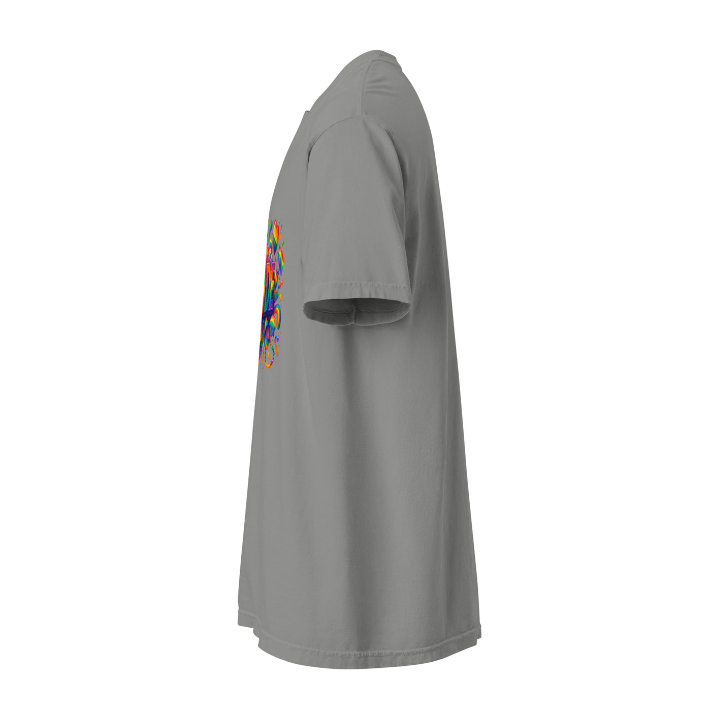 Cachy’s Urban grey t-shirt with colourful rainbow “Pride” graphic design, available in multiple colours