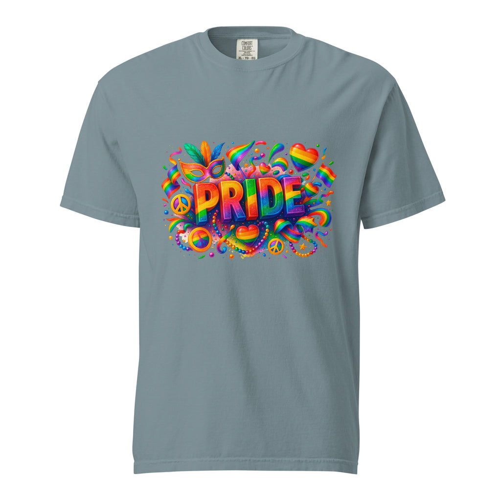 Cachy’s Urban grey t-shirt with colourful rainbow “Pride” graphic design, available in multiple colours