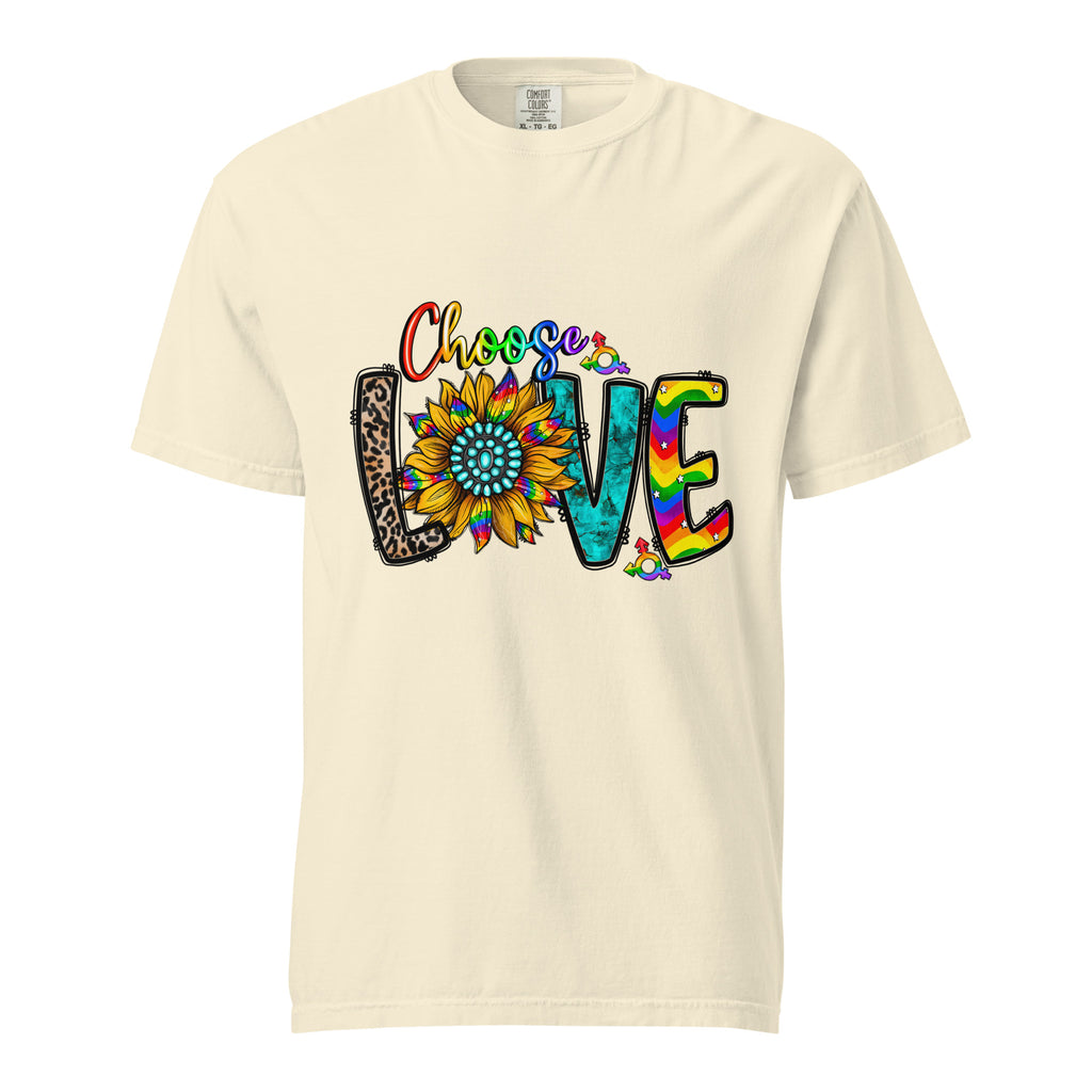 Cachy’s Urban t-shirt with colourful “Choose Love” graphic featuring sunflower and rainbow design