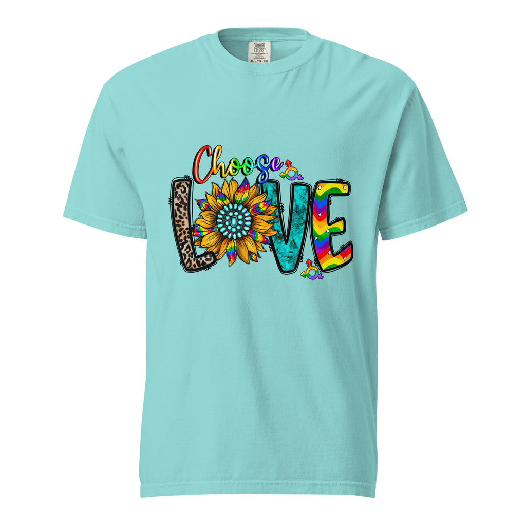 Cachy’s Urban t-shirt with colourful “Choose Love” graphic featuring sunflower and rainbow design