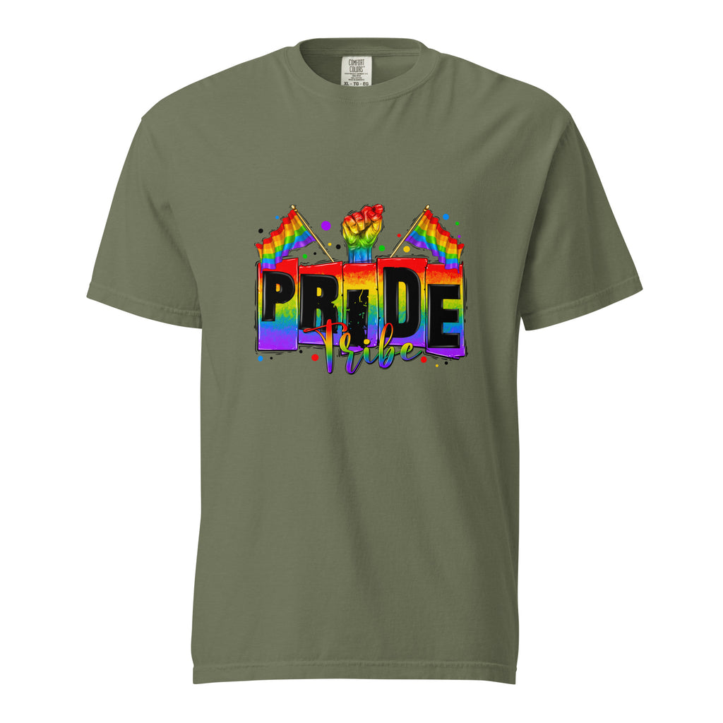 Cachy’s Urban white t-shirt with rainbow “Pride Tribe” graphic featuring flags and raised fist, available in multiple colours
