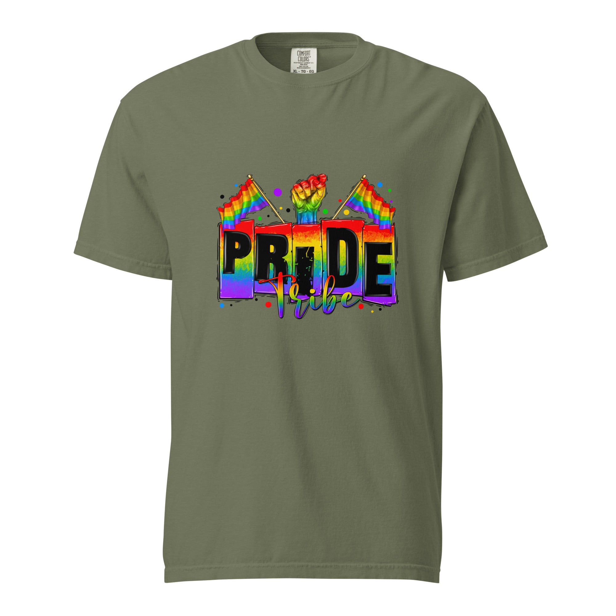Cachy’s Urban white t-shirt with rainbow “Pride Tribe” graphic featuring flags and raised fist, available in multiple colours