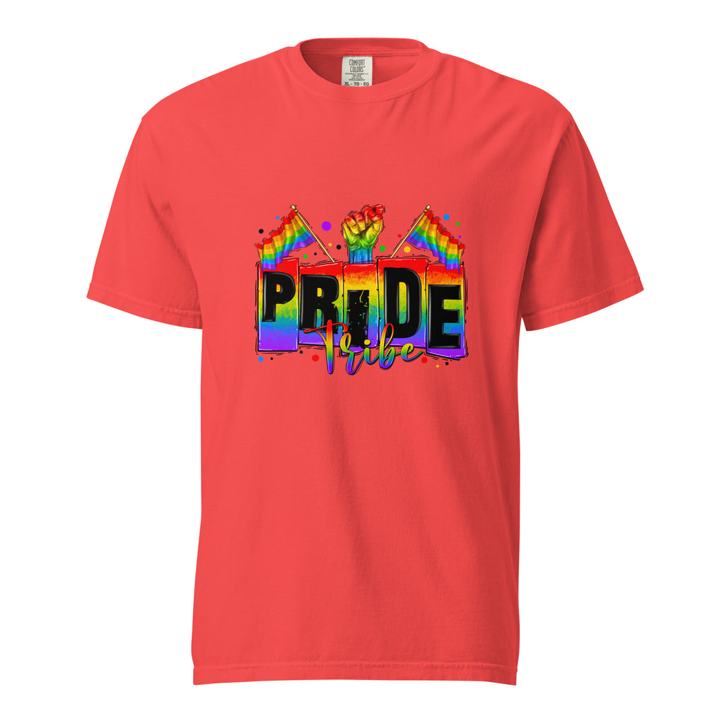 Cachy’s Urban white t-shirt with rainbow “Pride Tribe” graphic featuring flags and raised fist, available in multiple colours