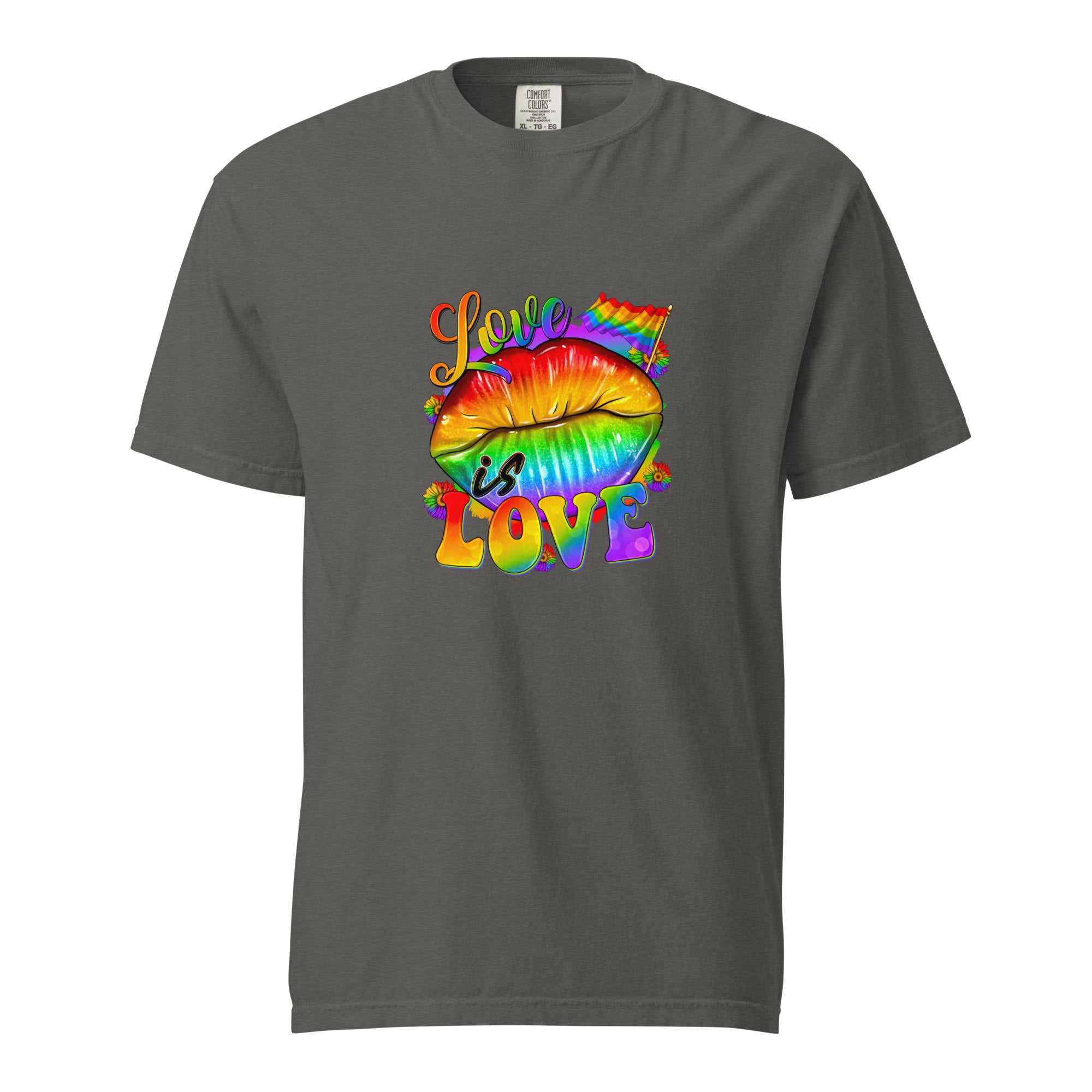 Cachy’s Urban dark grey t-shirt with rainbow “Love is Love” lips graphic design, available in multiple colours