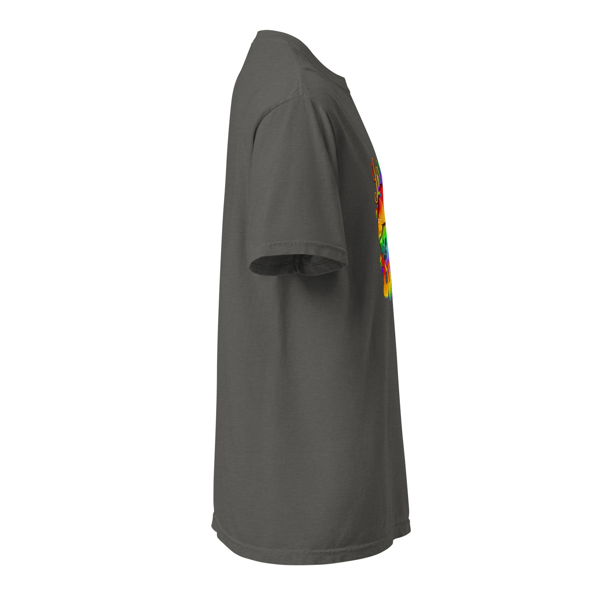 Cachy’s Urban dark grey t-shirt with rainbow “Love is Love” lips graphic design, available in multiple colours