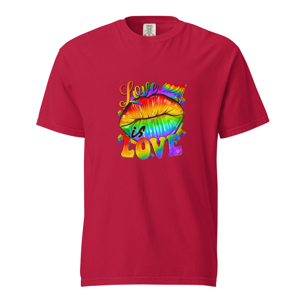 Cachy’s Urban t-shirt with rainbow “Love is Love” lips graphic design, available in multiple colours