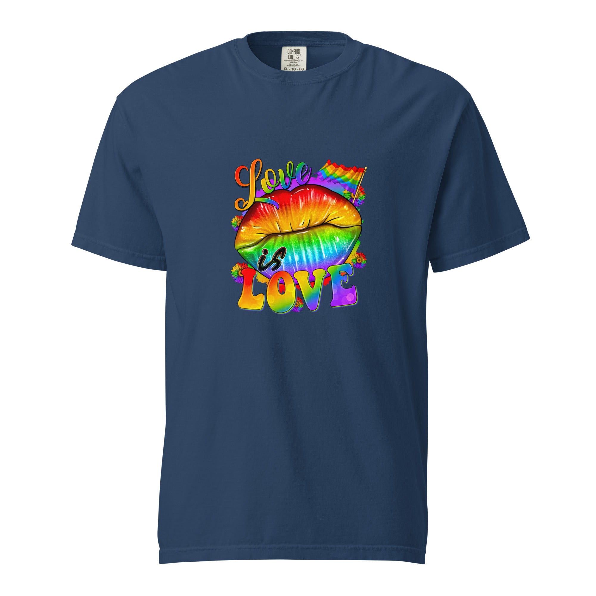 Cachy’s Urban t-shirt with rainbow “Love is Love” lips graphic design, available in multiple colours