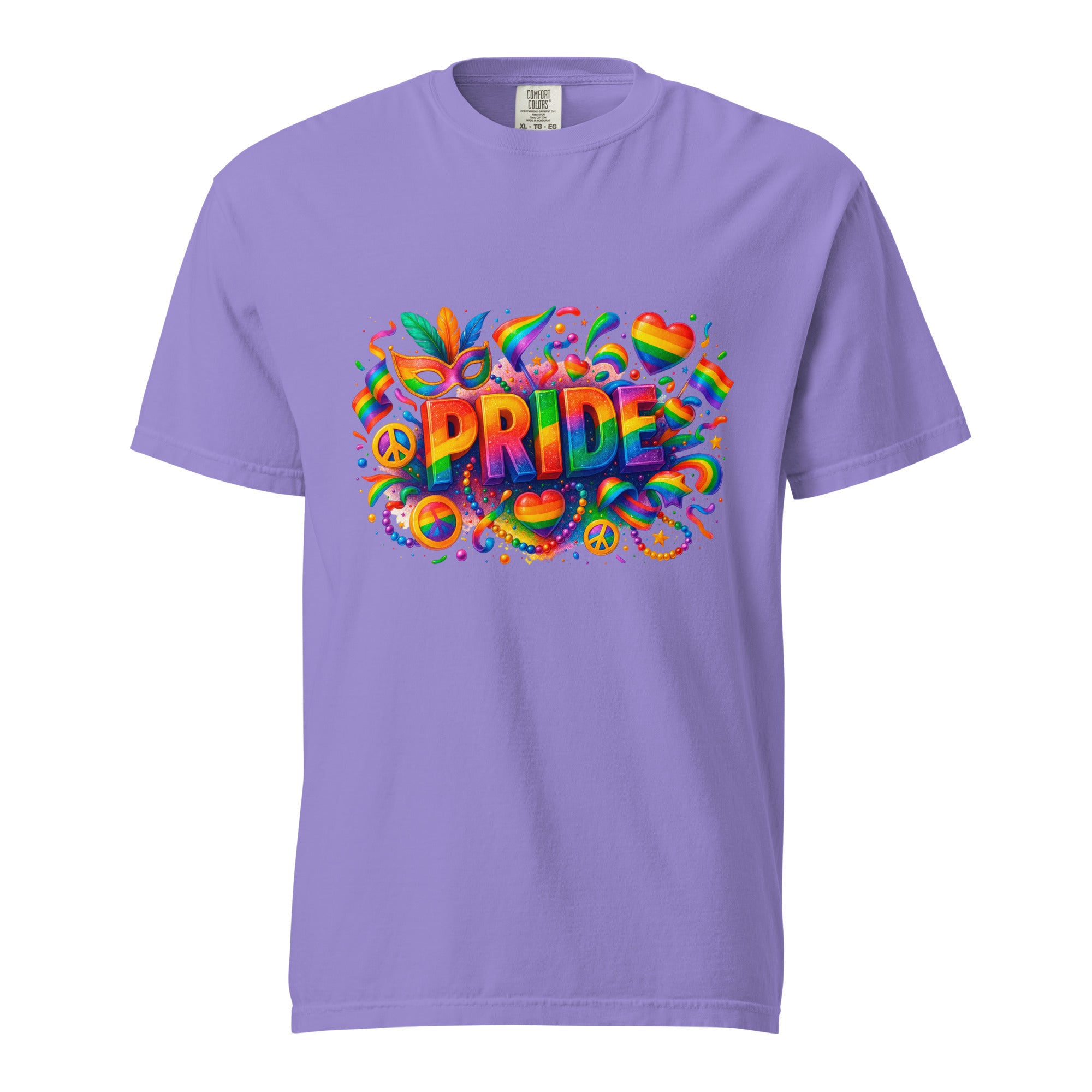 Cachy’s Urban grey t-shirt with colourful rainbow “Pride” graphic design, available in multiple colours