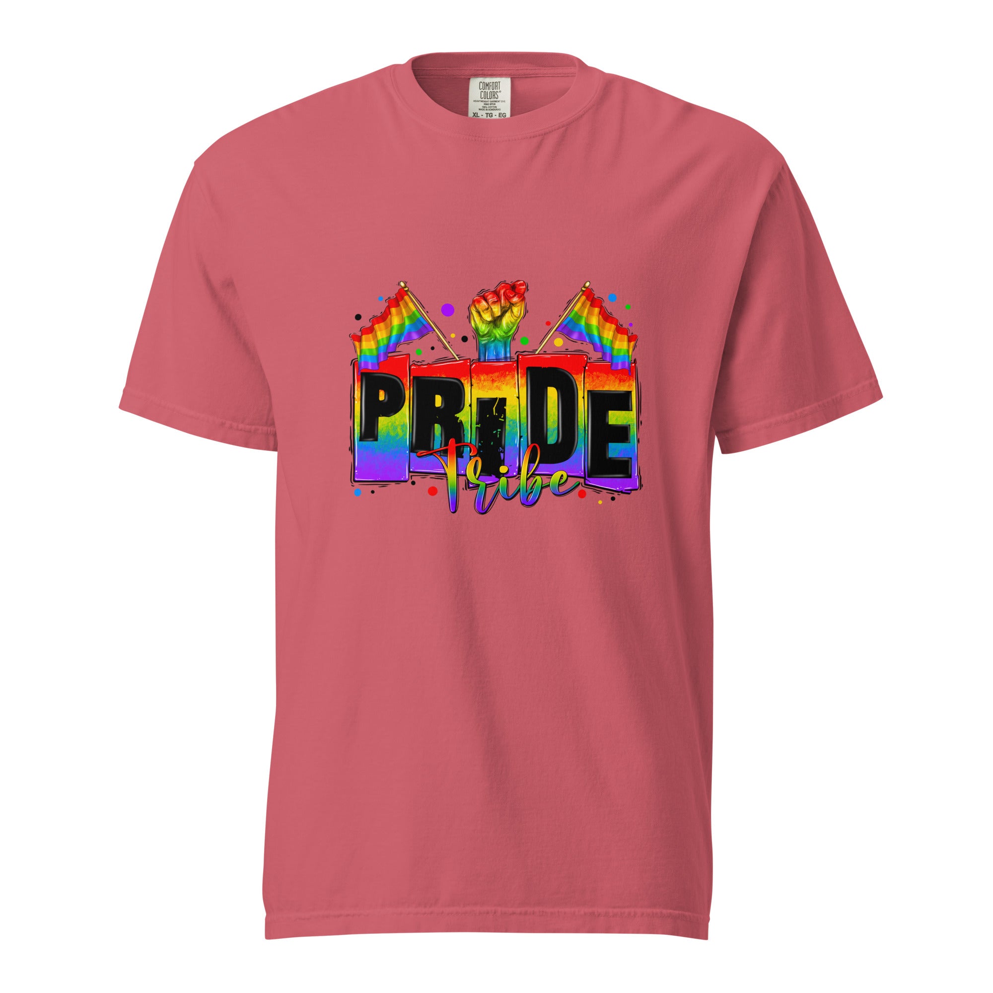 Cachy’s Urban white t-shirt with rainbow “Pride Tribe” graphic featuring flags and raised fist, available in multiple colours