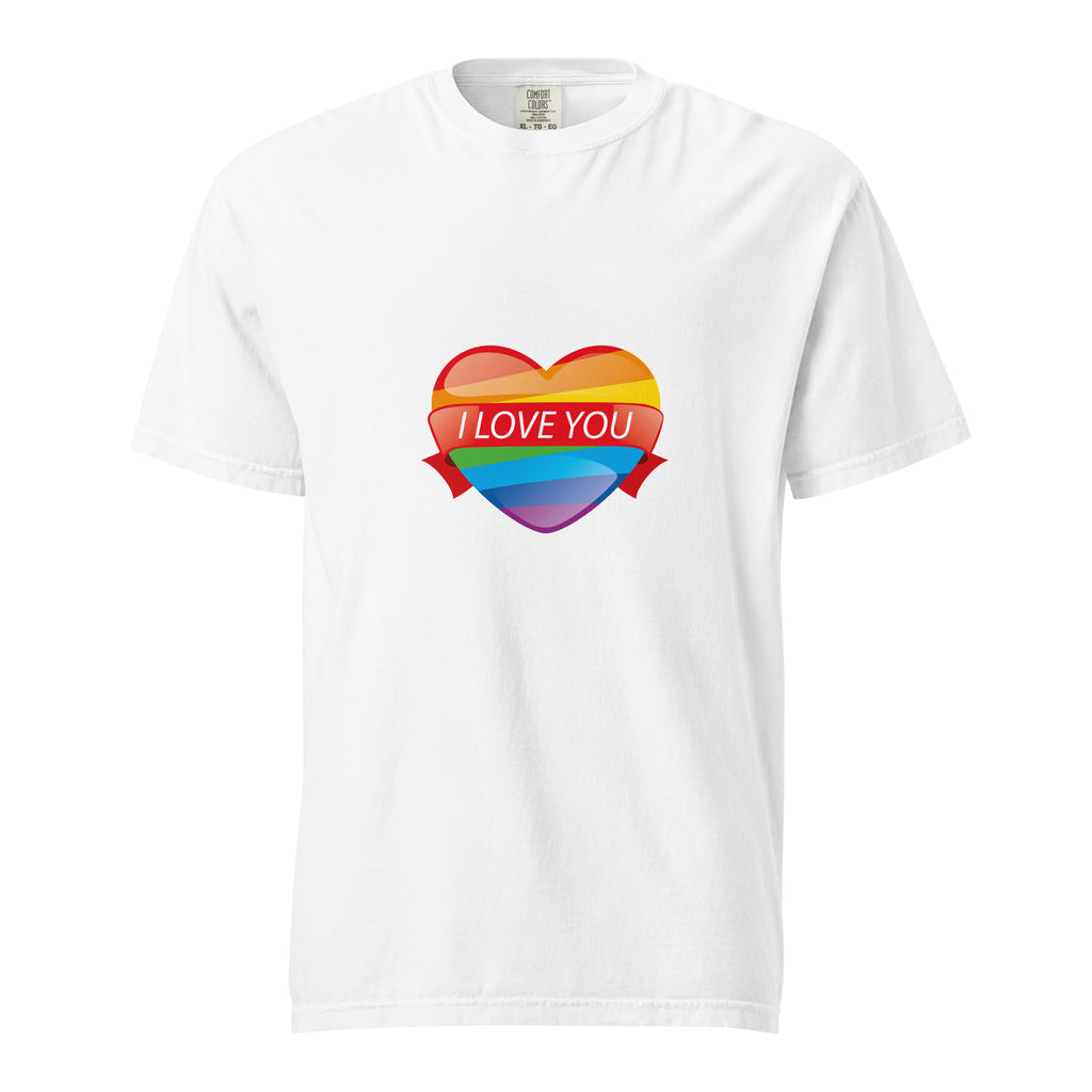 Cachy’s Urban white t-shirt with rainbow heart graphic and “I Love You” text, available in multiple colours