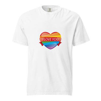 Cachy’s Urban white t-shirt with rainbow heart graphic and “I Love You” text, available in multiple colours