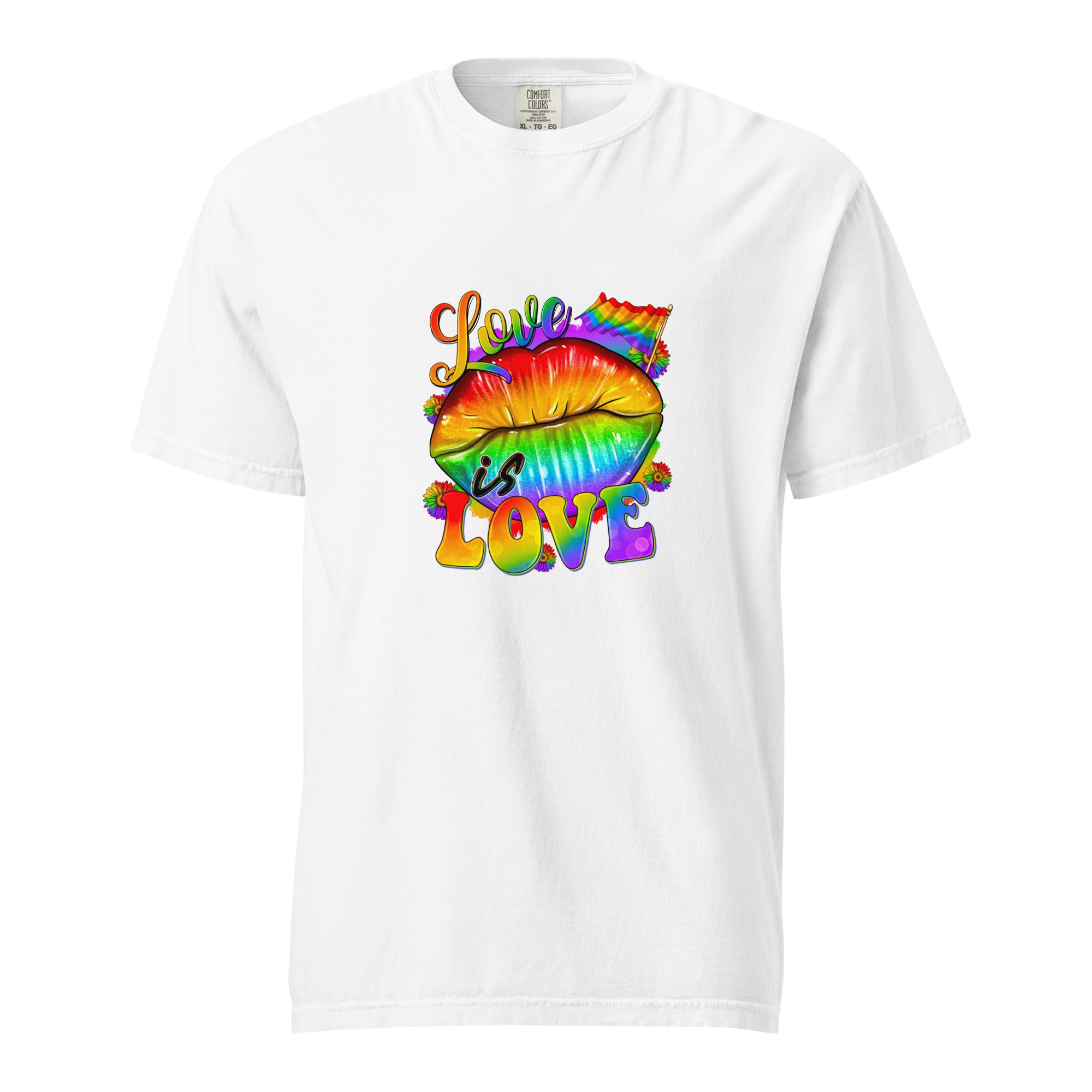 Cachy’s Urban white t-shirt with rainbow “Love” graphic featuring flags and raised fist, available in multiple colours