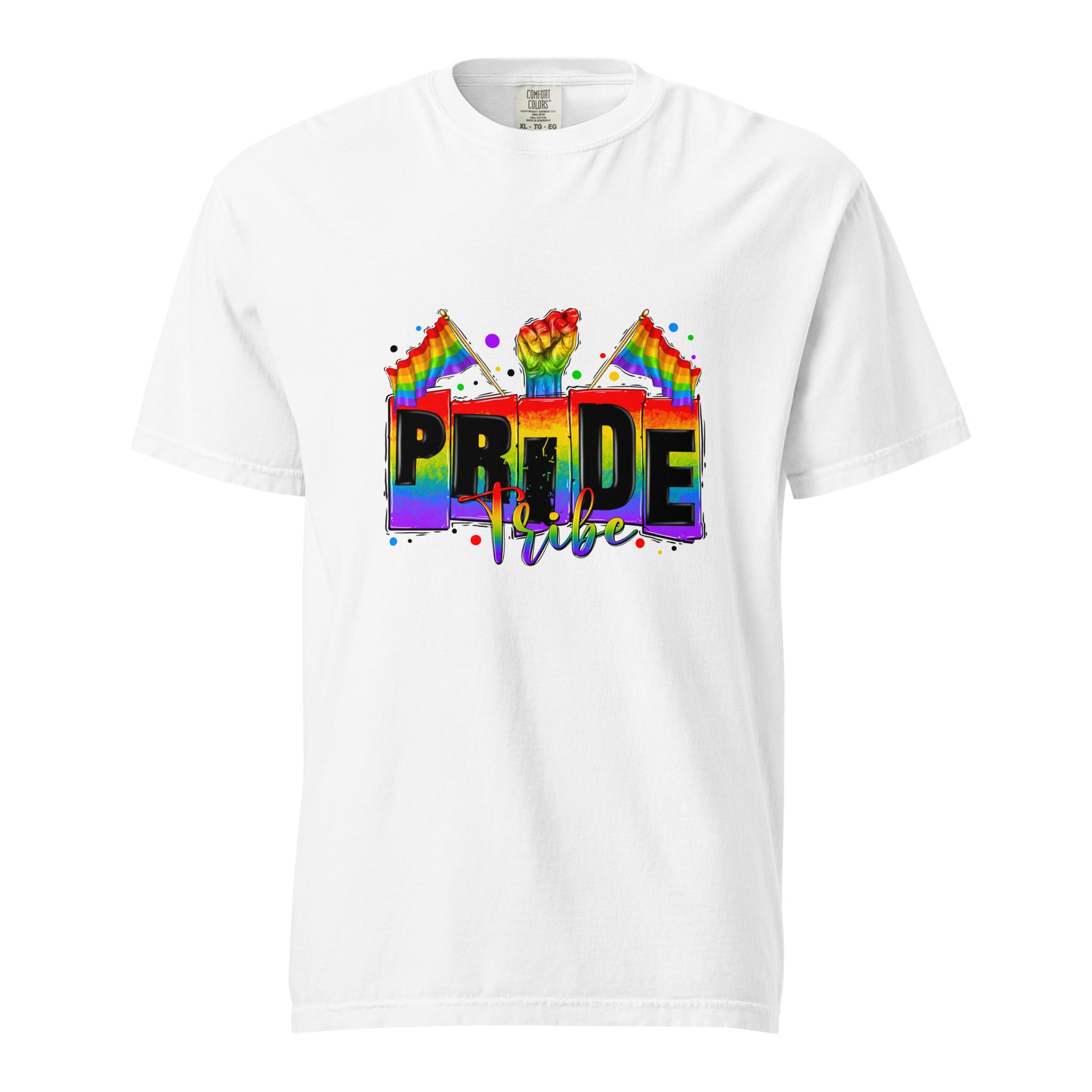 Cachy’s Urban white t-shirt with rainbow “Pride Tribe” graphic featuring flags and raised fist, available in multiple colours