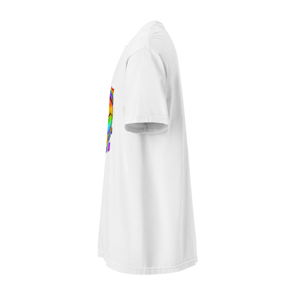 Cachy’s Urban white t-shirt with rainbow “Love” graphic featuring flags and raised fist, available in multiple colours