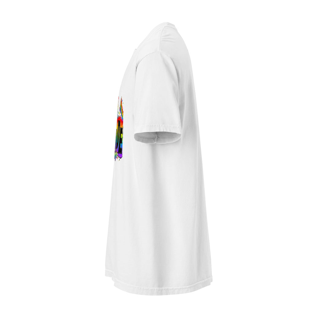 Cachy’s Urban white t-shirt with rainbow “Pride Tribe” graphic featuring flags and raised fist, available in multiple colours